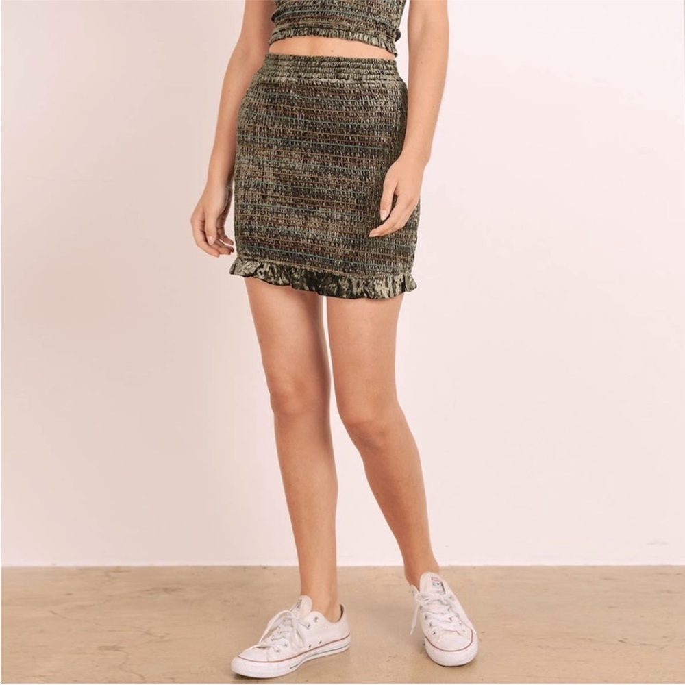 Storia Nordstrom Smocked Velvet Mini Skirt with Ruffle Hem - Olive Green, Size M